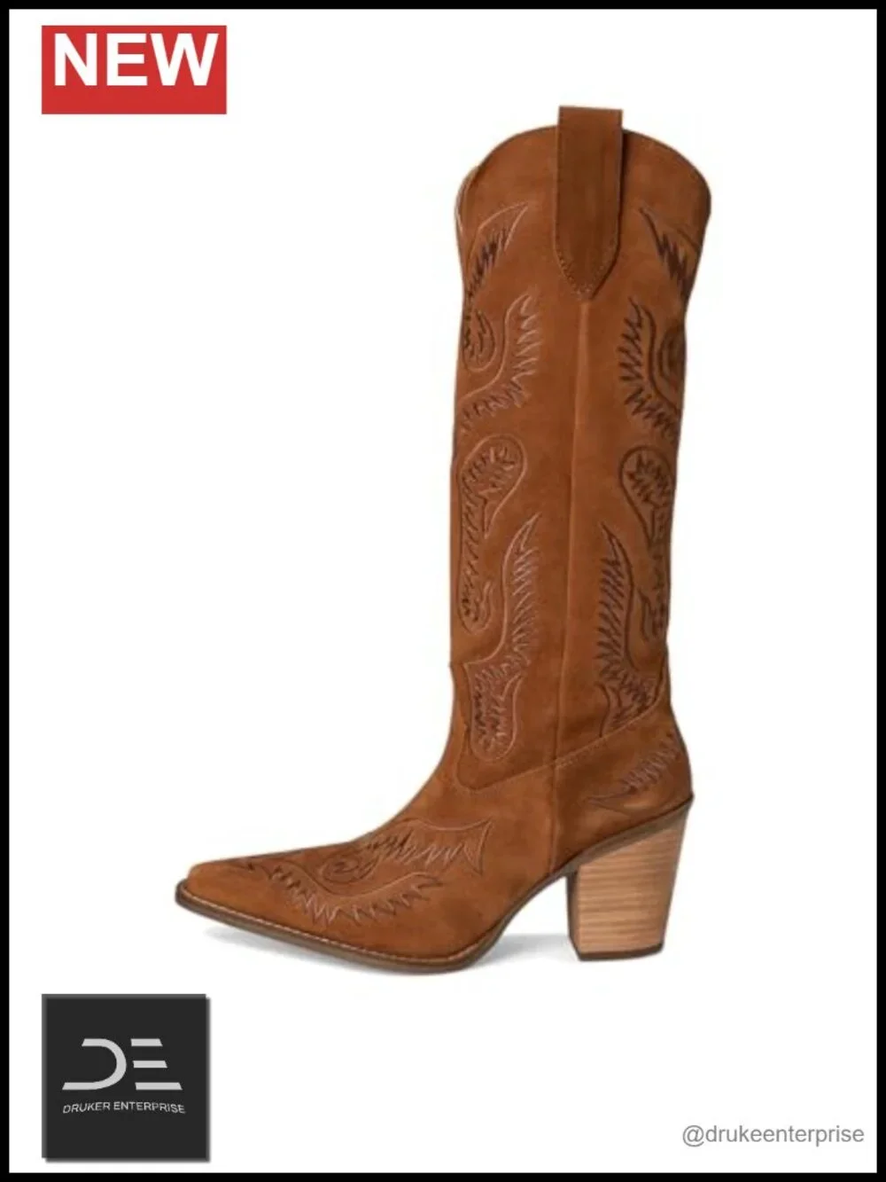 Suede Snip Toe Western Embroidered Over the Knee Boots Mid Block Heel Pull-On
